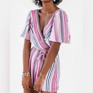 Alter’d State Womens Striped Short Sleeve Surplice Neckline Romper